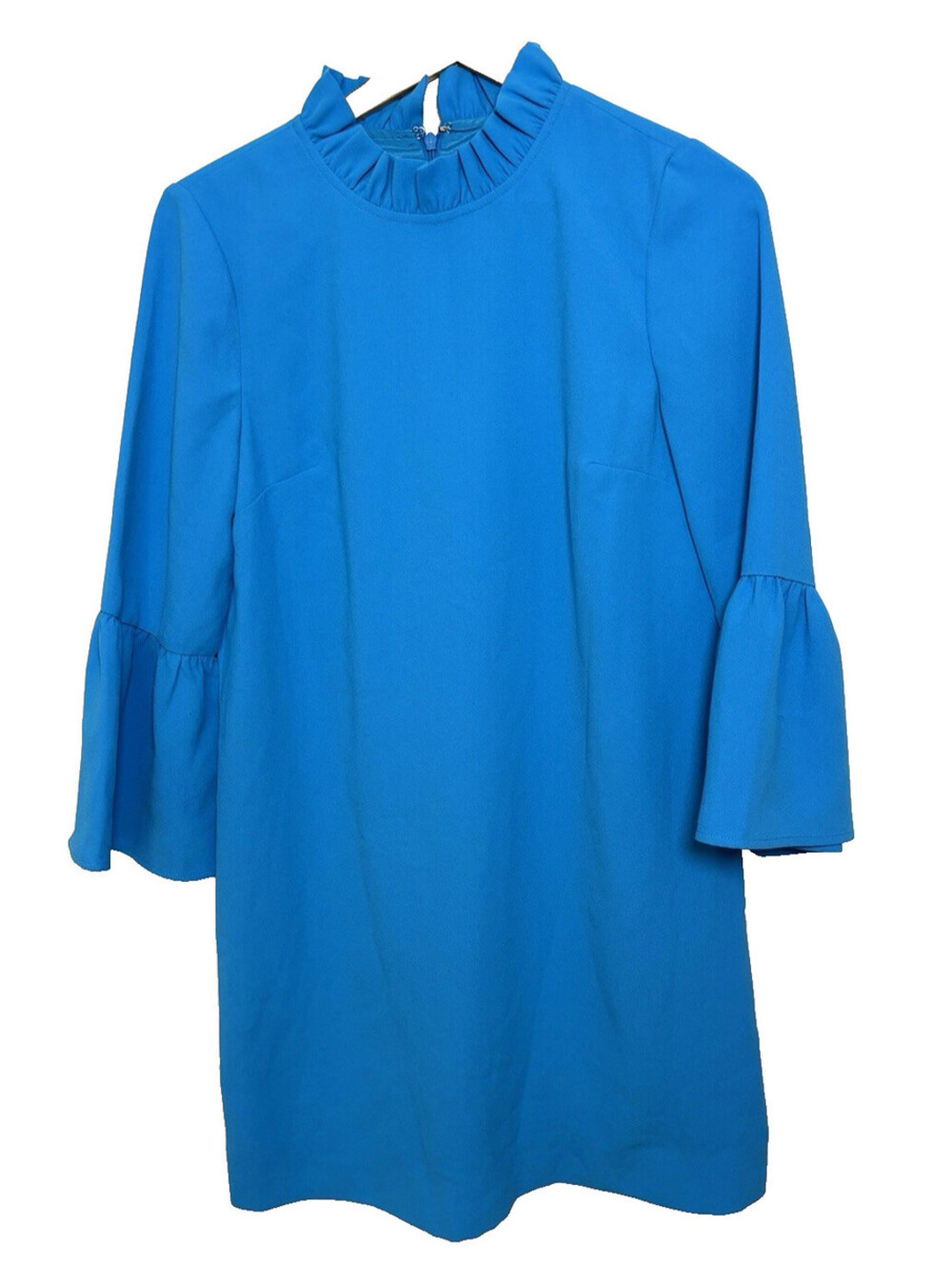 J. Crew Ruffle Neck Shift Dress Women’s Size 4 Bell Sleeves 365 Crepe Aqua Blue